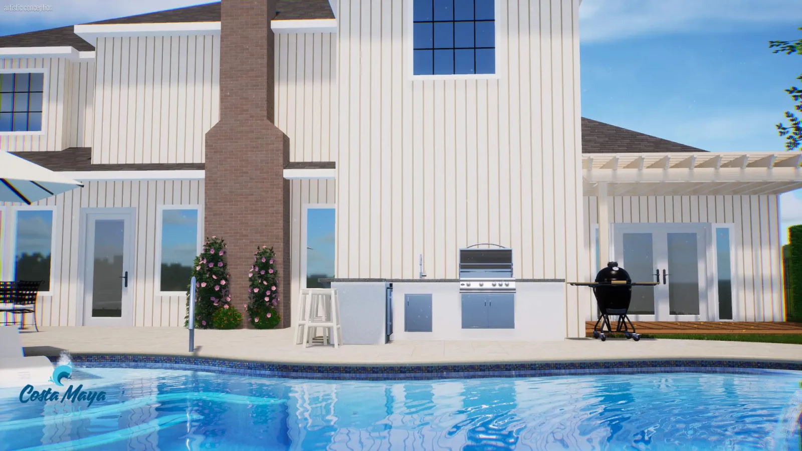 3D design rendering of a custom pool, outdoor kitchen and patio by Costa Maya Pools