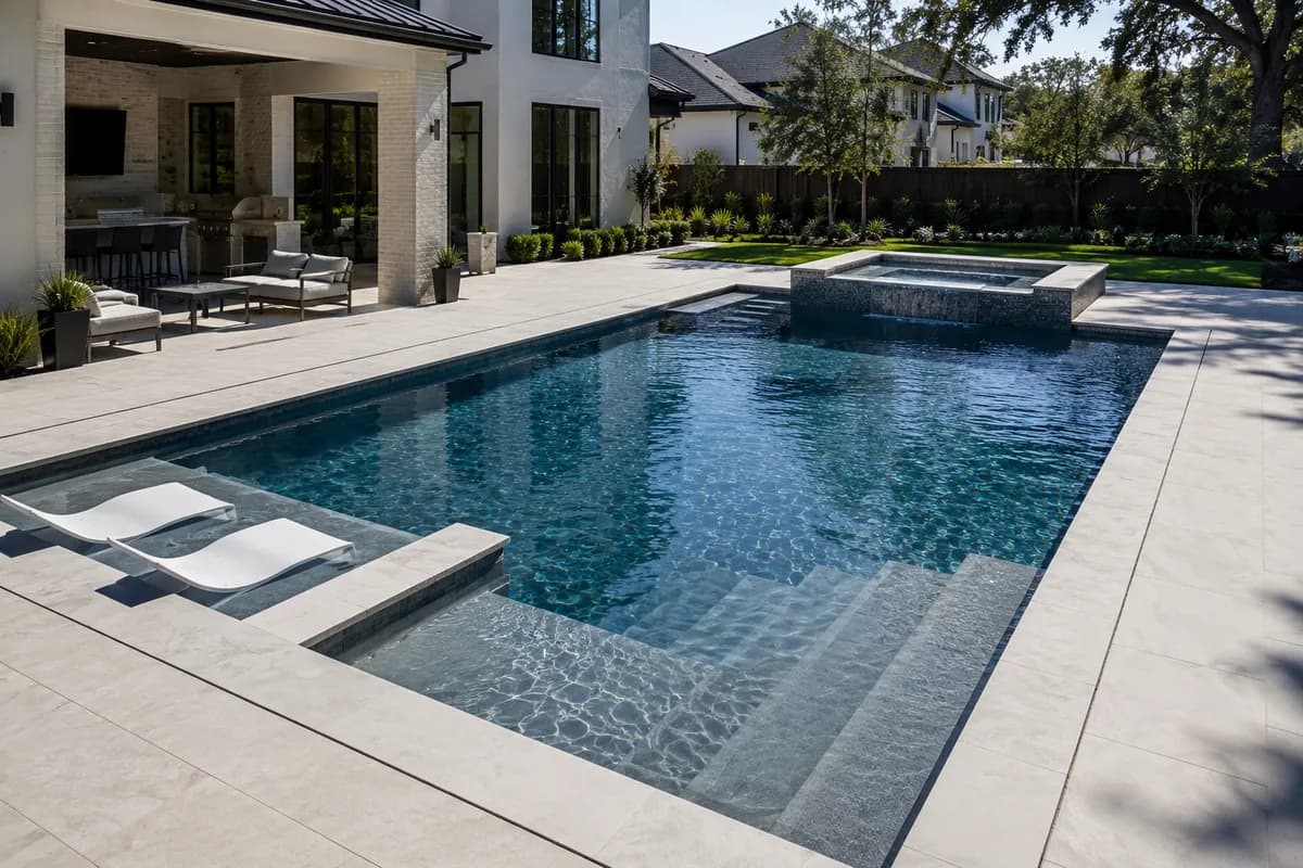 Rectangular geometric pool with tanning ledge and raised spa beside a modern home