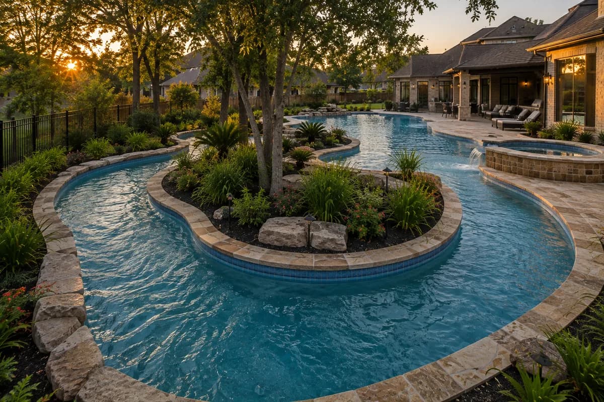 Winding lazy river circling a landscaped island with a spa at sunset