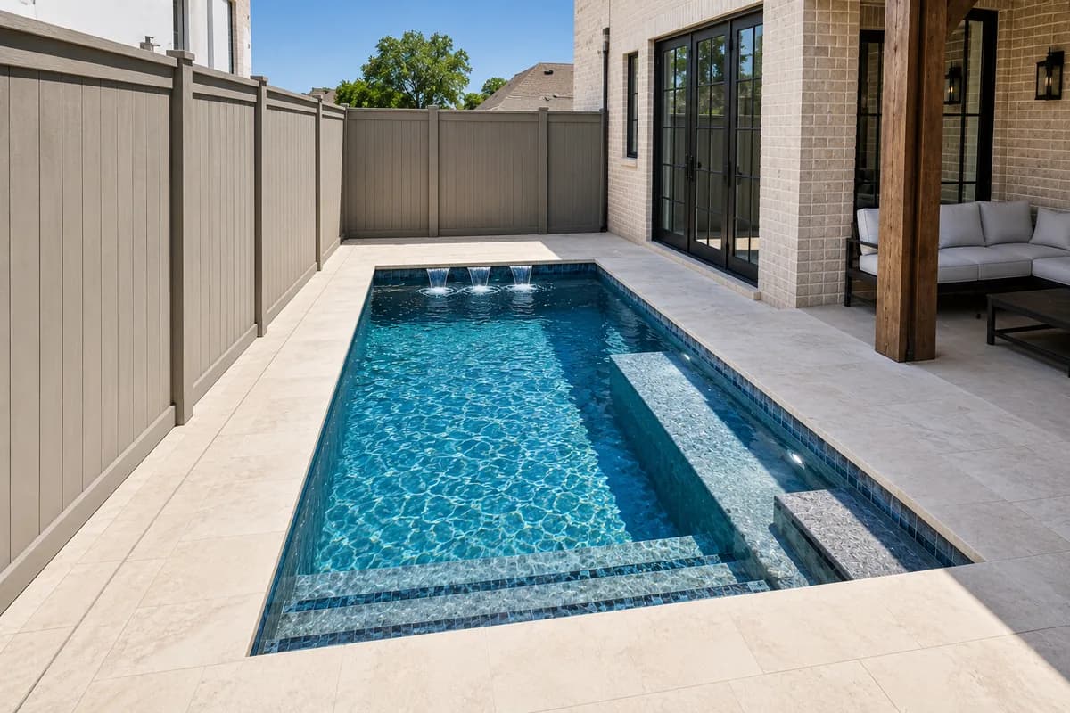 Compact plunge pool with water features and bench seating in a narrow side yard